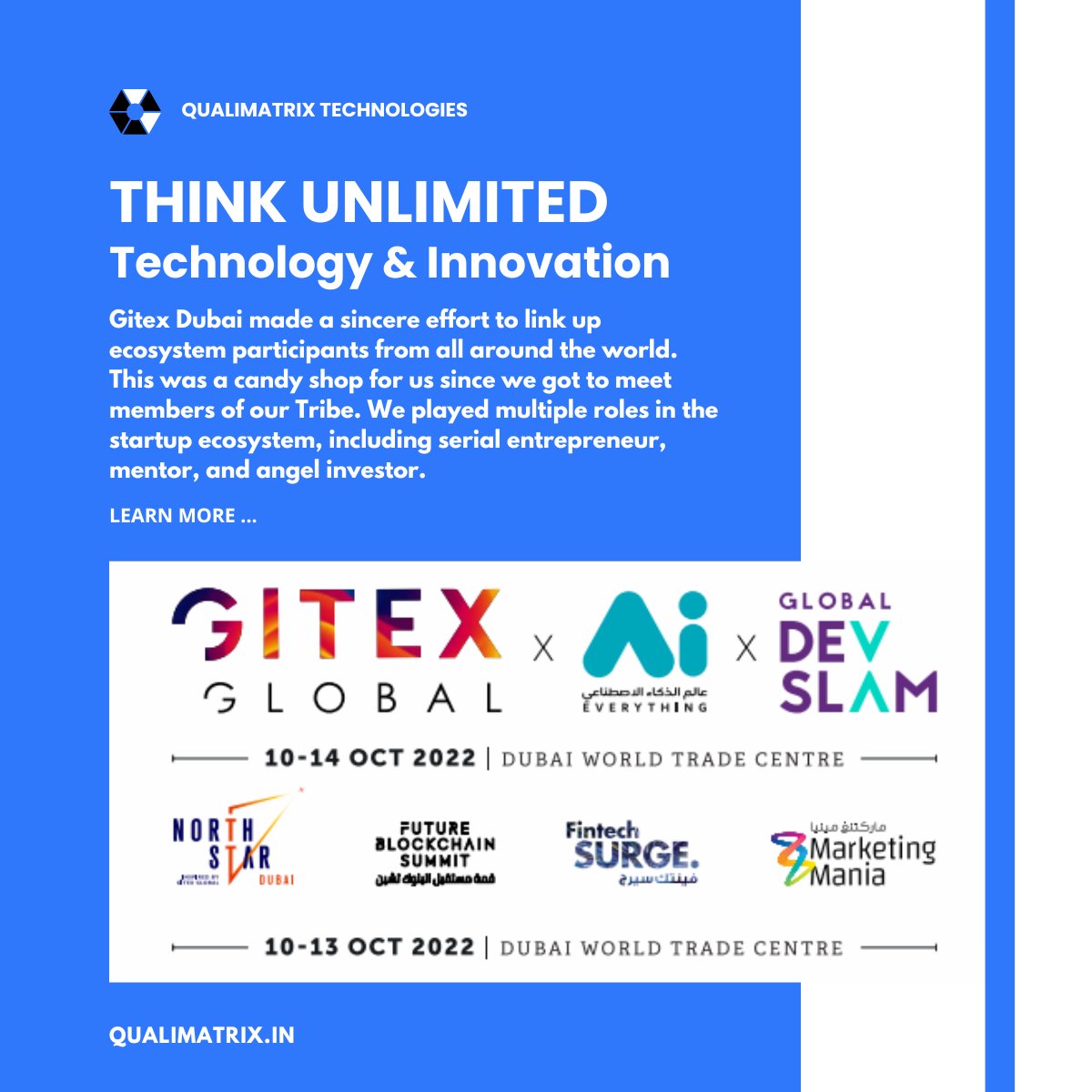 QualimatrixTech's tweet image. Gitex, without no doubt taking diversity to a much elevated level. 
In modern day Business, Collaboration is the key to growth &amp;amp; scaling - that’s the mantra we believe in

#GITEX2022 #realMeDiwali #لعنت_اس_نظام_پر #AMAs2022 #ThunivuPongal2023 #HealthIsWealth #MatruPitruPujanDiwas