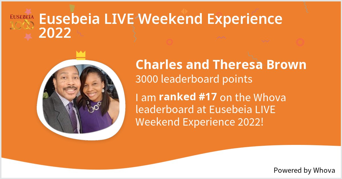 I ranked #17 on the Whova leaderboard at Eusebeia LIVE Weekend Experience 2022! #eusebeia #eusebeia1000 #prayformarriage - via #Whova event app