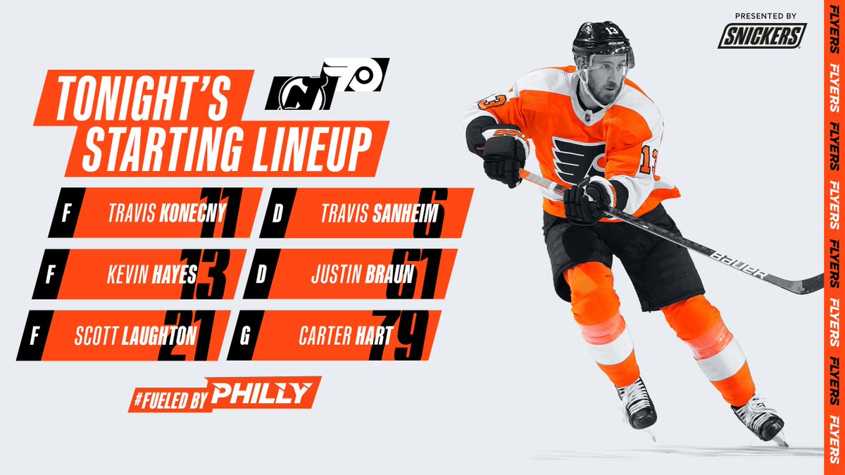 NHLFlyers's tweet photo. Tonight's starting lineup is presented by @SNICKERS and features...

#NJDvsPHI | #FueledByPhilly https://t.co/lvZqm1zx2F