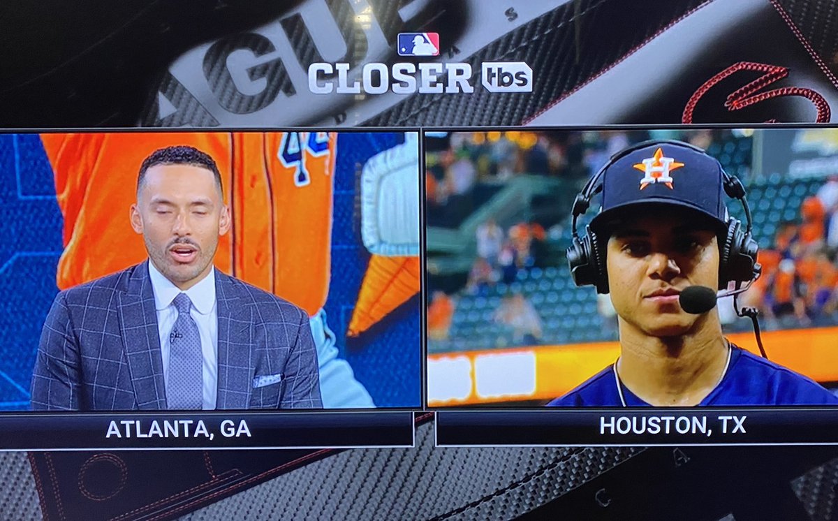 LiveSCS's tweet photo. Correa working the postgame because he missed the playoffs interviewing Peña who’s up 2-0 in the ALDS. https://t.co/fPwxIGSlMf
