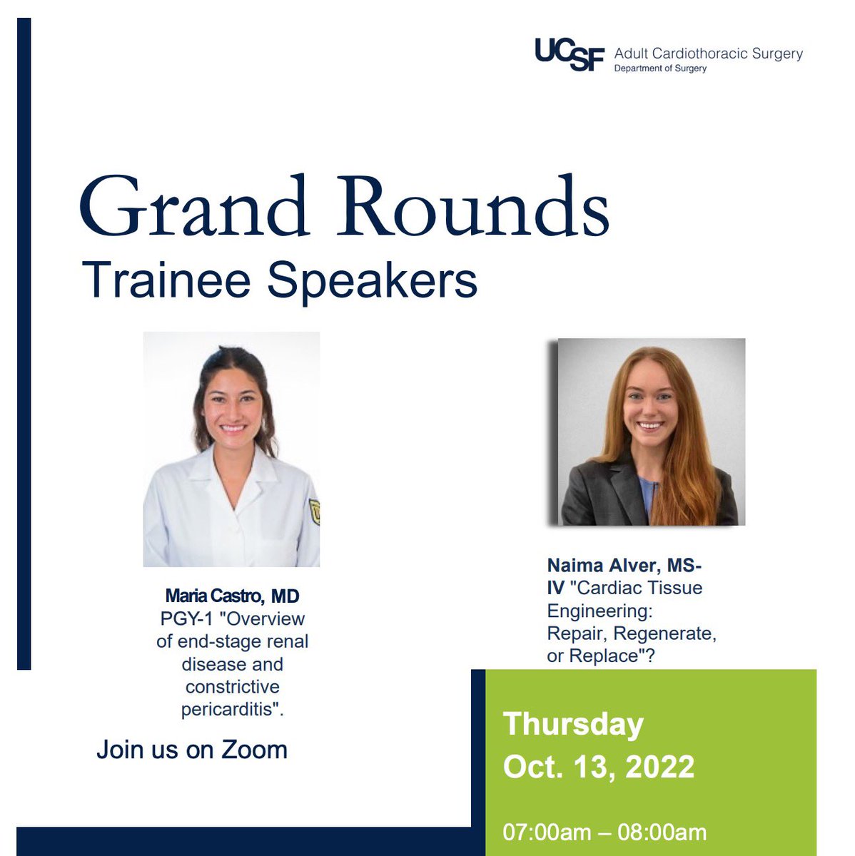 NaimaAlver's tweet photo. Grateful for the opportunity to speak on one of my favorite topics for #CTsurgery @UCSFSurgery ground rounds this morning! Thank you all who attended and a special thank you to my mentor @FiedlerAmy! I’ve had an incredible rotation and sad that it’s almost over. https://t.co/xjsfWtbqwV