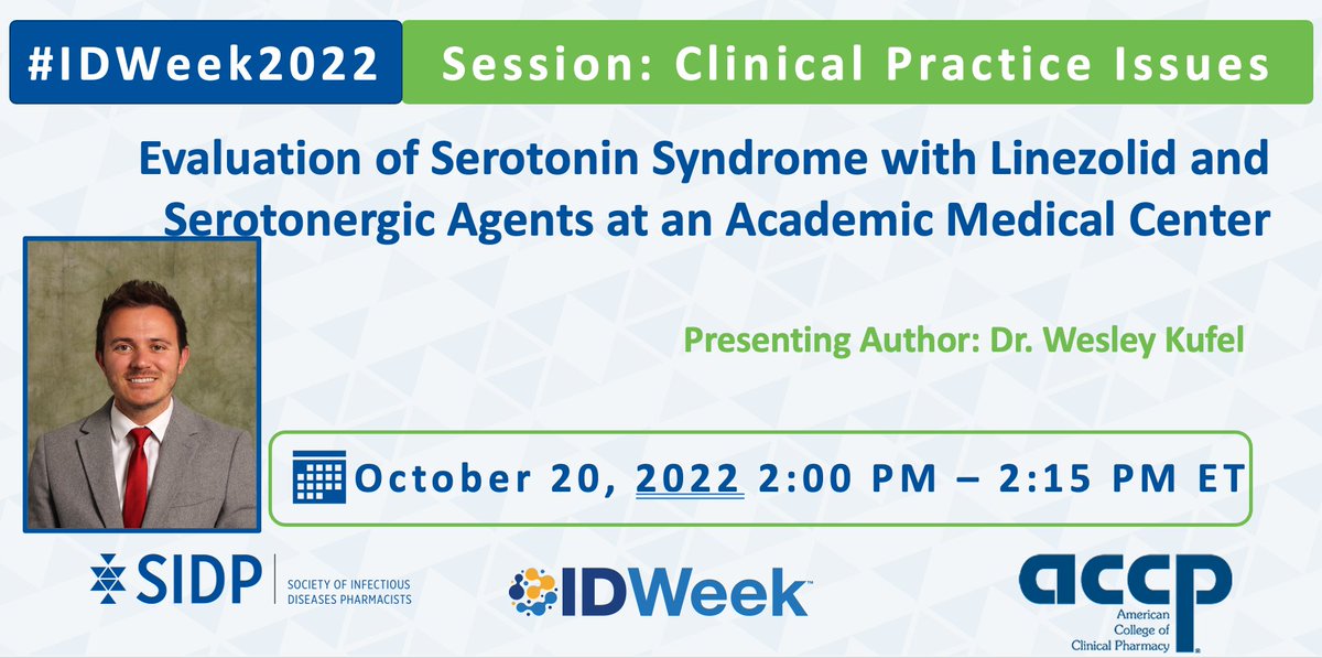 In study by @weskufel et al, potential serotonin syndrome among 1,743 hospitalized patients receiving linezolid with other serotonergic agents was exceedingly rare (0.11%), even among those who received multiple and more potent serotonergic agents. @IDWeek2022
<a href="/accpinfdprn/">ACCP INFD PRN</a>