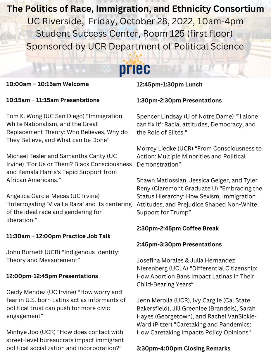 PRIEC Meeting (@wearepriec) on Twitter photo ๐ขPRIEC family and fans! Join us at the next PRIEC meeting, to be held at <a href="/UCRiverside/">UC Riverside</a> on Friday, Oct. 28 from 10am-4pm.
RSVP ๐: docs.google.com/forms/d/e/1FAIโฆ
๐ the schedule ๐๐ผ ๐ขPRIEC family and fans! Join us at the next PRIEC meeting, to be held at <a href="/UCRiverside/">UC Riverside</a> on Friday, Oct. 28 from 10am-4pm.
RSVP ๐: docs.google.com/forms/d/e/1FAIโฆ
๐ the schedule ๐๐ผ