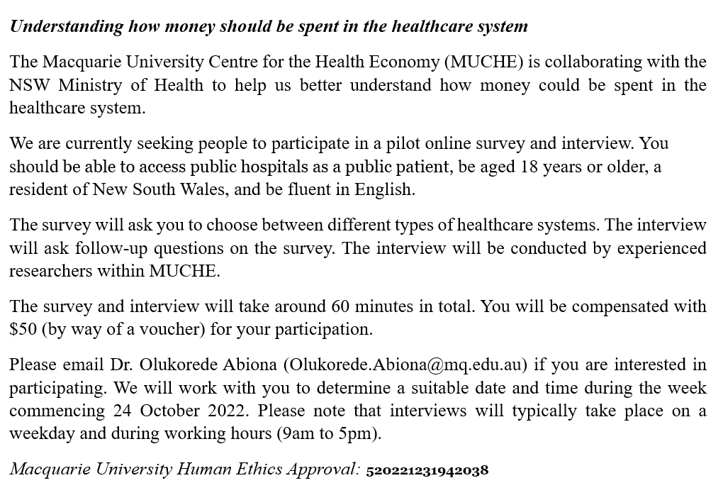 MUCHE_Macquarie's tweet photo. We are seeking adults to participate in a pilot online survey and interview to help us better understand how money could be spent in the healthcare system. For more information, please email to Olukorede.Abiona@mq.edu.au
@AIHI_MQ #healthcare #valuebasedcare https://t.co/cXPCnsylnB