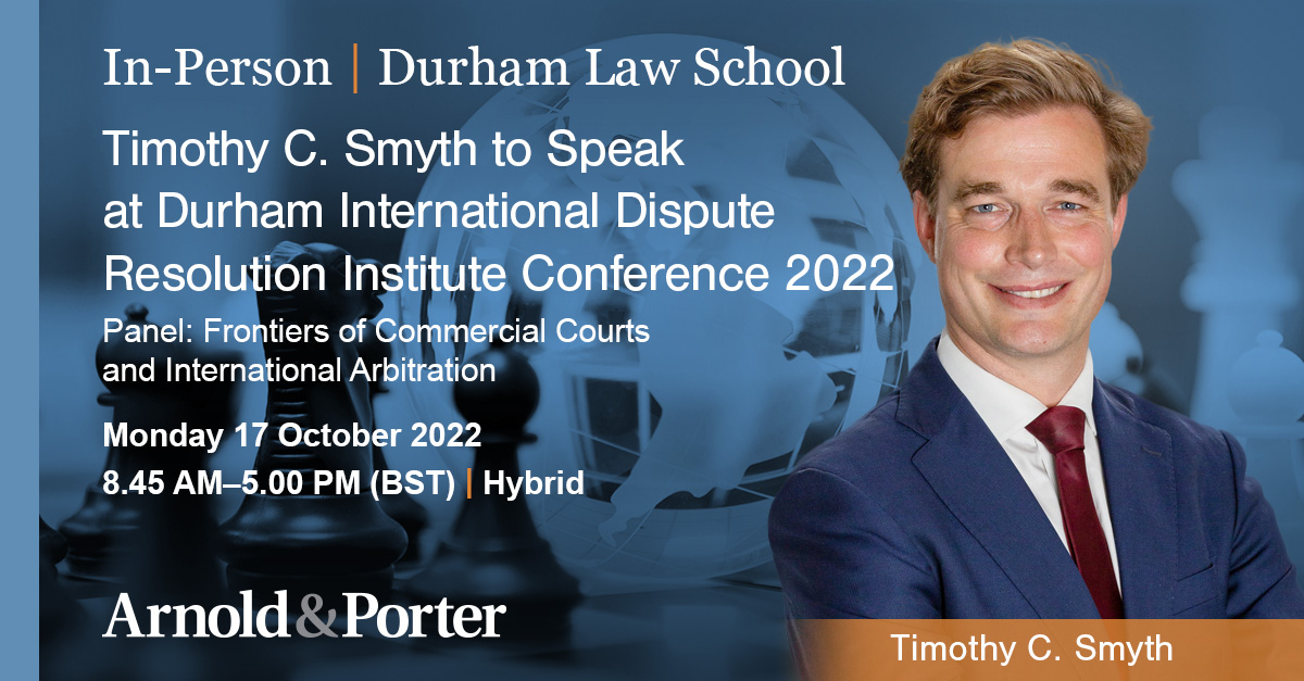 Senior associate Timothy Smyth will be speaking at the 2022 <a href="/DurhamLawSchool/">Durham Law School</a> International Dispute Resolution Institution Conference this Monday, 17 October.

Register for the conference here ➡️ bit.ly/3MvQwcT

#investmentarbitration #arbitration #disputeresolution