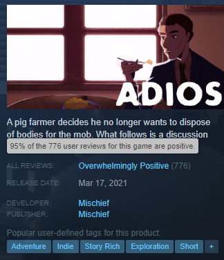 docsquiddy's tweet photo. hello, friends! our game Adios is currently ON ITS BIGGEST DISCOUNT EVER!!!

We're trying to get our next game funded, and to keep a roof over our heads, we need to sell a bunch of copies of Adios!

In addition to sales, quote tweets, tweets of your own, and reviews help! https://t.co/8yP3qoXBpQ