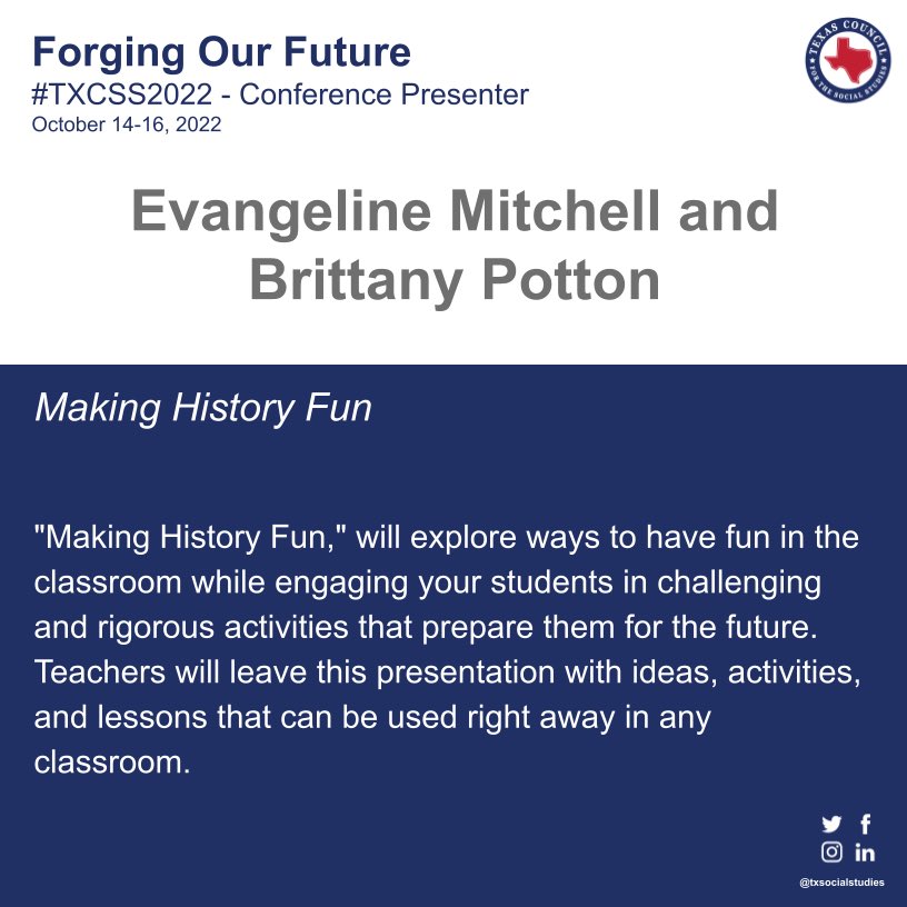 TXSSMitchell's tweet image. Ready to present tomorrow @TxSocialStudies - Making History Fun! #TXCSS2022