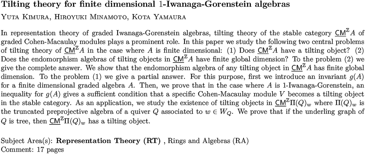 arxiv.org/abs/2210.06211…
Y Kimura et. al.
Tilting theory for finite dimensional $1$-Iwanaga-Gorenstein algebras