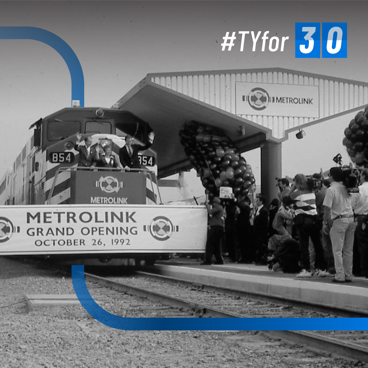 Metrolink's tweet image. On this day 30 years ago, Metrolink opened for service and began transporting Southern California's residents across different counties. Thank you to every single one of you who has been part of our rider family. You are the reason we have made it this far. #TYfor30 #takethetrain