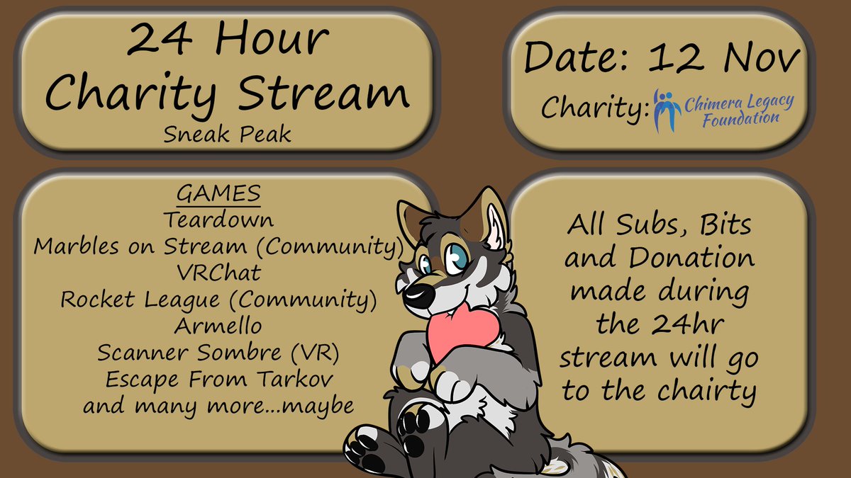 So the 24hr Charity Stream is organized.
Will be starting at 6pm AEST.
With friends popping in to pay as well.