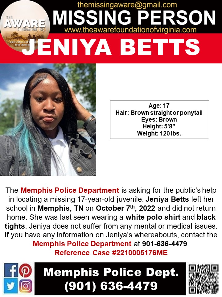aware_the's tweet photo. ***MISSING JUVENILE*** MEMPHIS, TN
The Memphis Police Department is asking for the public’s help in locating a missing 17-year-old juvenile. Jeniya Betts left her school in Memphis, TN on October 7th, 2022, and did not return home. @MEM_PoliceDept https://t.co/imL3cVYzml