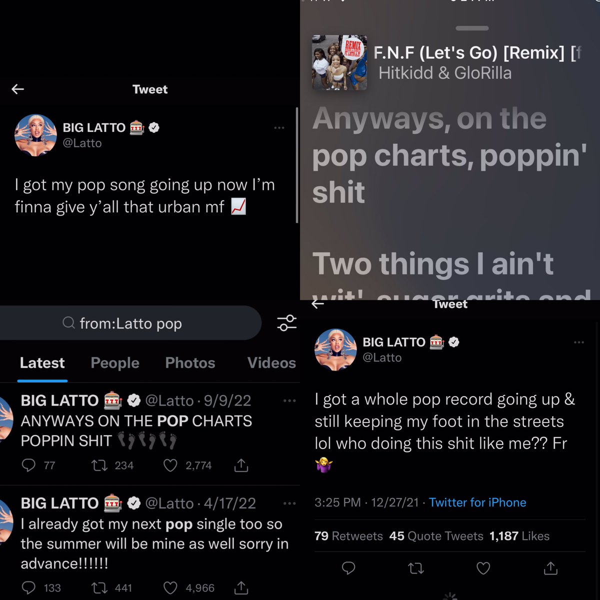 WriteARapSis's tweet photo. seems like Latto would agree her song is POP …… so there should be no issue removing her from the rap category 😘😘😘😘 right ????? https://t.co/gx5mM1rAYe
