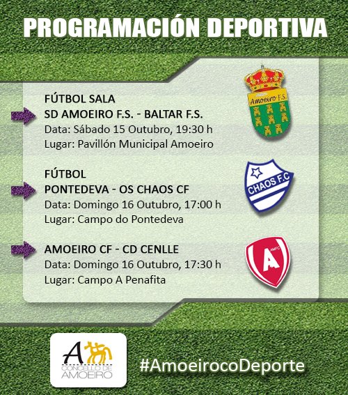 ConcelloAmoeiro's tweet photo. ➡️ Programación deportiva:

FÚTBOL SALA
⚽ SD AMOEIRO F.S. - BALTAR F.S.
🗓️ Data: Sábado 15 Outubro, 19:30 h
🏟️ Lugar: Pavillón Municipal Amoeiro

#liga #Fútbol #fútbolsala #AmoeirocoDeporte

(1/2) ⬇️ https://t.co/nYVe5BQruv