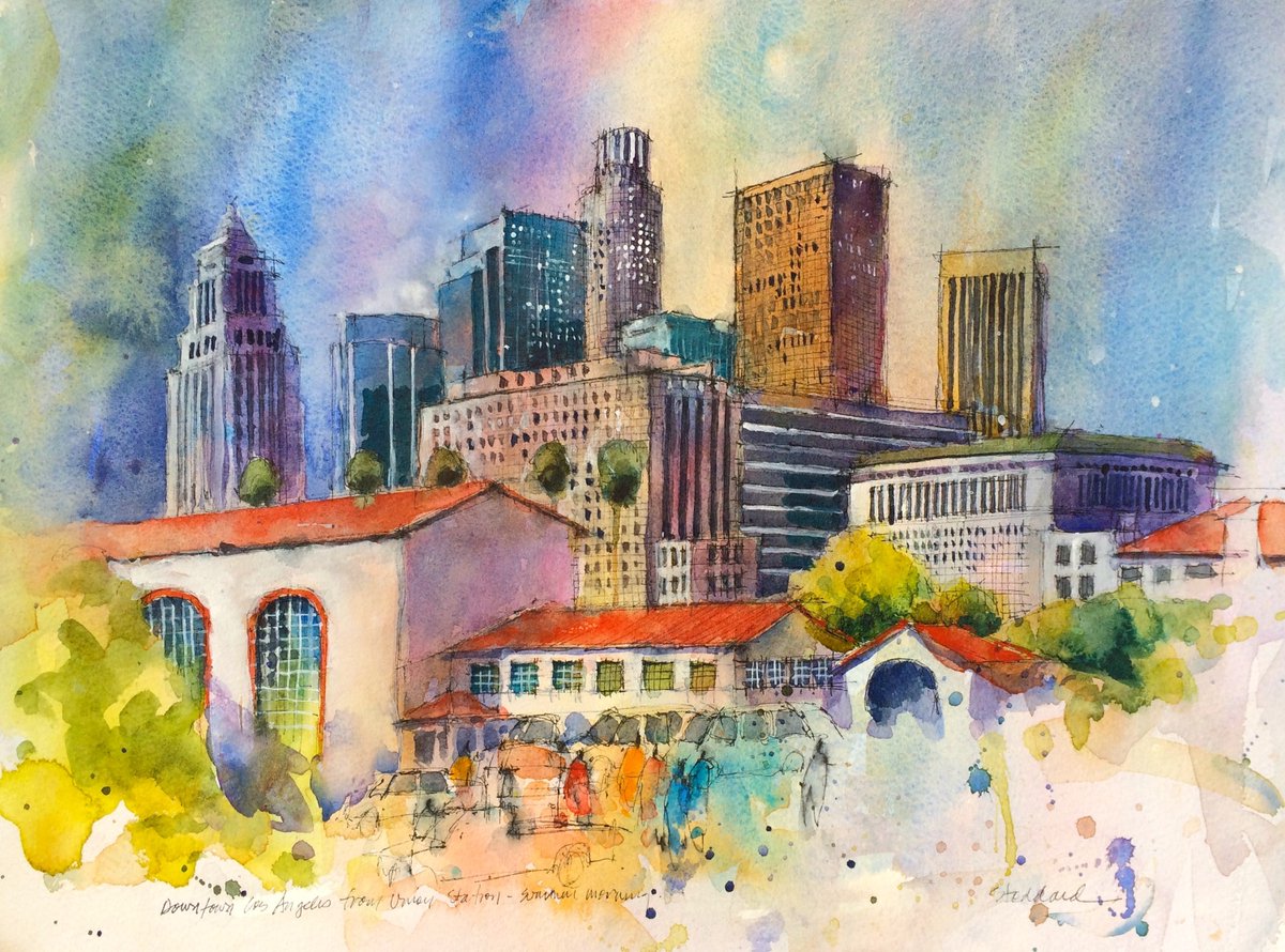 The adventures of 𝑱𝒐𝒔𝒆𝒑𝒉 𝑺𝒕𝒐𝒅𝒅𝒂𝒓𝒅: This view is from the @unionstationla platform and shows the north end of the station with downtown Los Angeles in the background. Check out more of Stoddard's pieces at josephstoddard.com