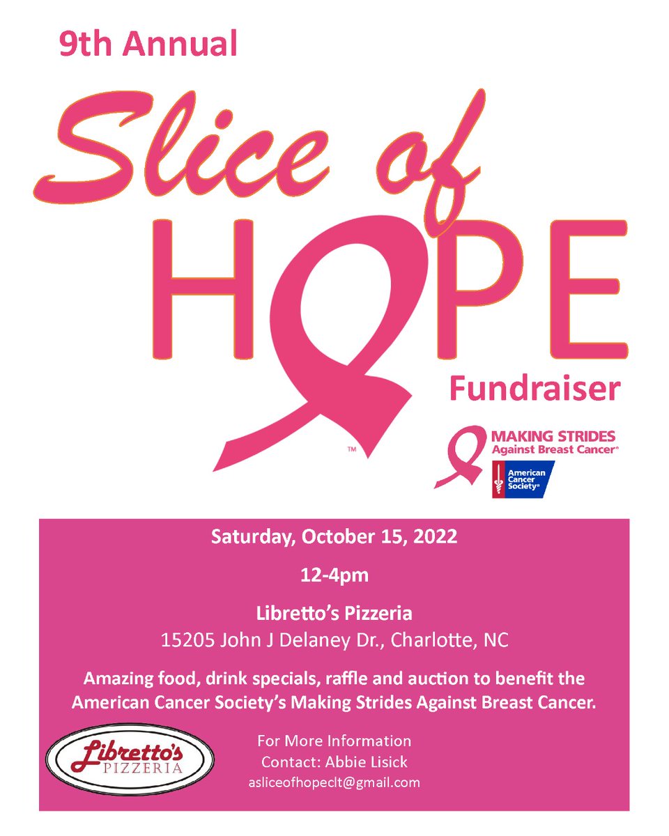 Visit Libretto's Pizzeria this Saturday from 12-4 pm for food, drink specials and a chance to win 2 tickets to Rich &amp; Bennett's 21st Annual Halloween Pub Crawl! 🎃🙌 The Slice of Hope fundraiser will benefit the American Cancer Society’s Making Strides Against Breast Cancer. 💕
