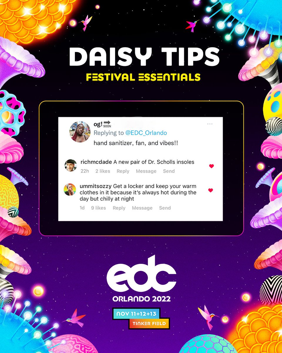 EDC_Orlando's tweet photo. ↪🌼 Thanks for sending in your #DaisyTips, Headliners!❤️ Make sure to swipe through to ensure you have all your #EDCOrlando necessities for an unmatched experience under the Florida Sunshine.☀️
We can't wait to see you! https://t.co/4wAoBZq3rx