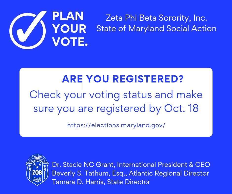 PhiAlphaZeta's tweet photo. The Maryland Gubernatorial Election is less than 30 days away! Plan your vote. Are you registered? Have you requested your mail in ballot?  Visit the https://t.co/z4hF3O42bq for more information and instructions. #whenweallvote #ZetasGetEngaged #MDZPhiBSocialAction https://t.co/4uIJbLNPFl