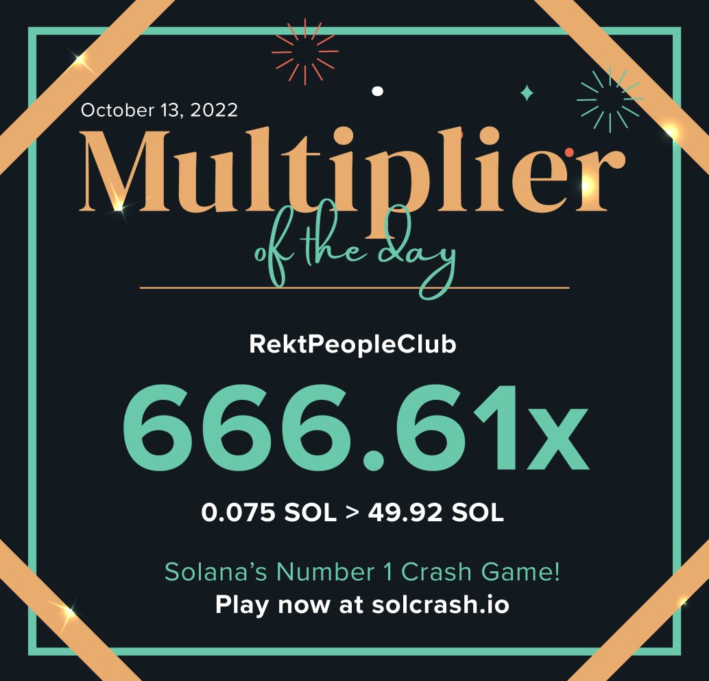 @RektPeopleClub 666x ? You owe us an explanation 😈😈😈
Congrats on this insane multiplier and close to 50 SOL Profit in one minute !

At solcrash.io this is pretty common.
What would you do if you hit a 666x ? 🗣️👇