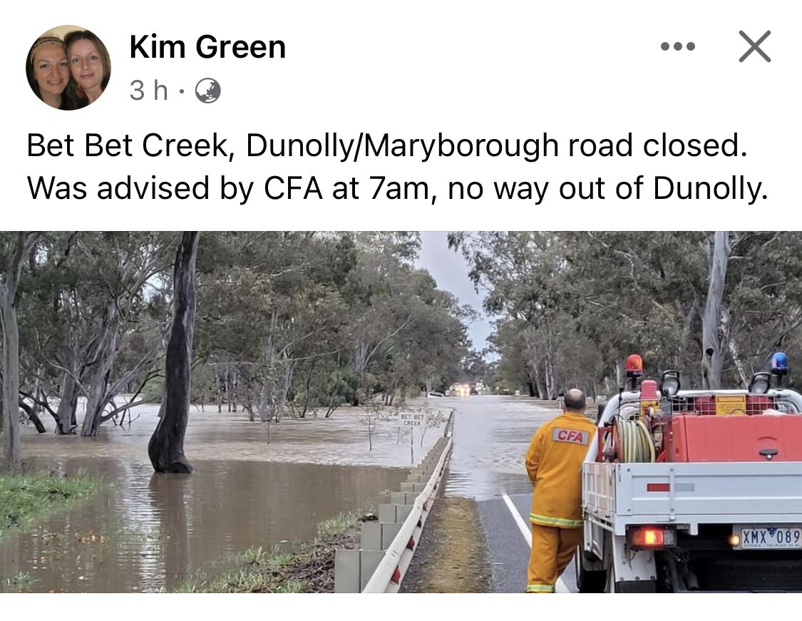 Get_Shortened's tweet photo. Updates from Maryborough Victoria Emergency Watch group on Facebook about roads affected in/out of Dunolly, especially Bet Bet Creek Bridge #vicfloods #CentralGoldfields https://t.co/TSCVny8aXm