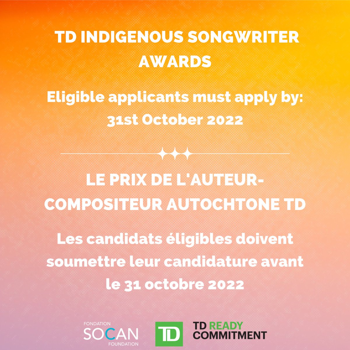 The deadline for Indigenous Songwriter Awards has been extended! All eligible applicants must apply by October 31, 2022. Don’t wait until the last minute to apply. 1 grand prize of $10,000 + 5 honourable mentions of $1,000 each. Apply here: socan.smartsimple.ca/s_Login.jsp