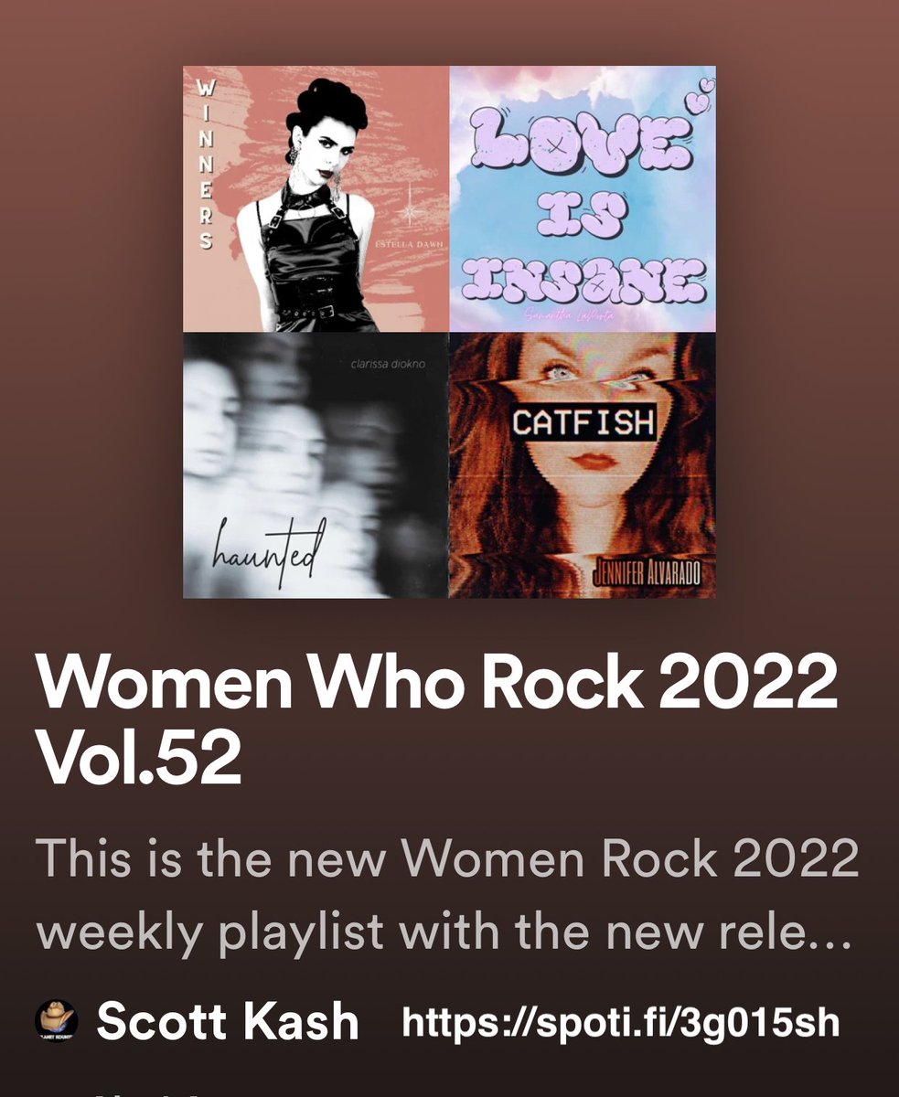 Here’s the new #WomenWhoRock playlist with new releases by
@Limberlost_Band 
@megsmithlol
@SadieJean
@HaleyC_ 
@TheSarahPeacock 
@ZelenaHull
+MORE 

#Spotify
spoti.fi/3g015sh

#NewReleases #Pop #Alternative #Rock #Blues #RnB #rtitbot @rtArtBoost #SpotifyRT