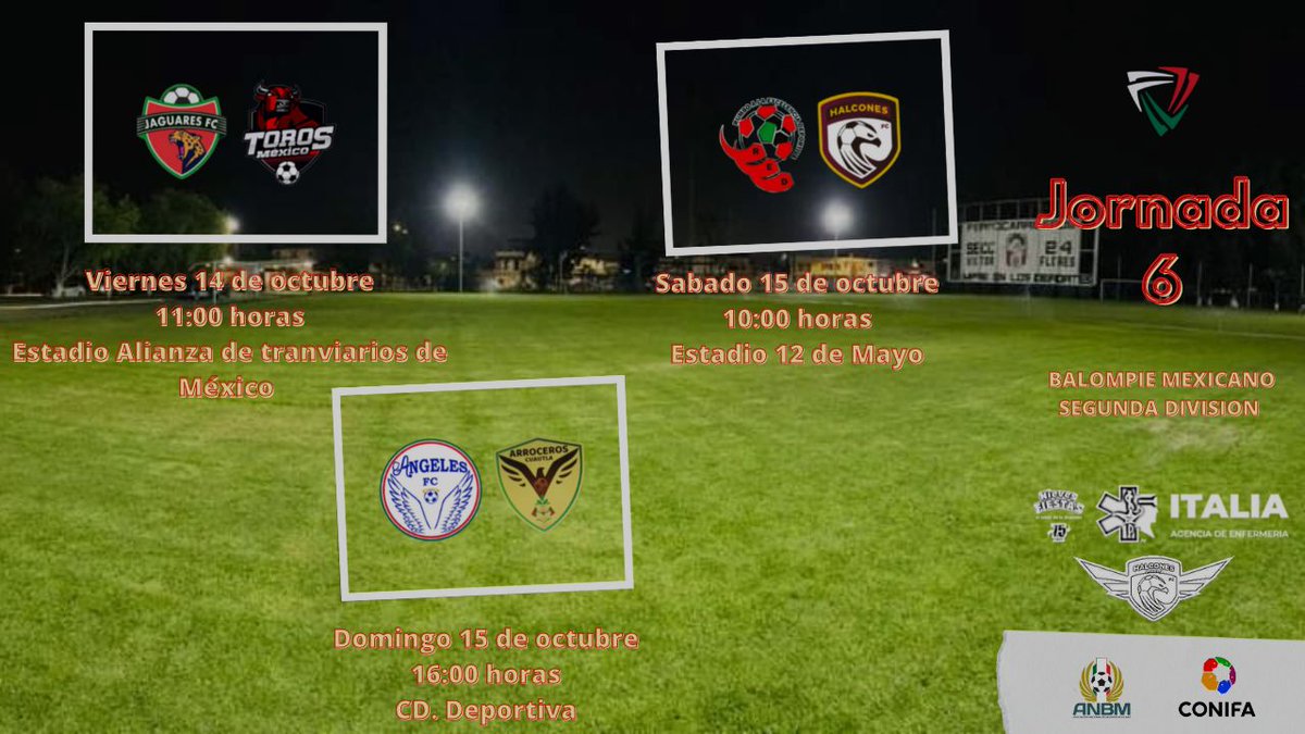 J6 | Balompié Mexicano - Segunda División 

1era Temporada 

#LBM #SomosBalompie #2daDivision

#NievesFiestas
#EnfermeriaItalia
#HalconesQueretaroFC