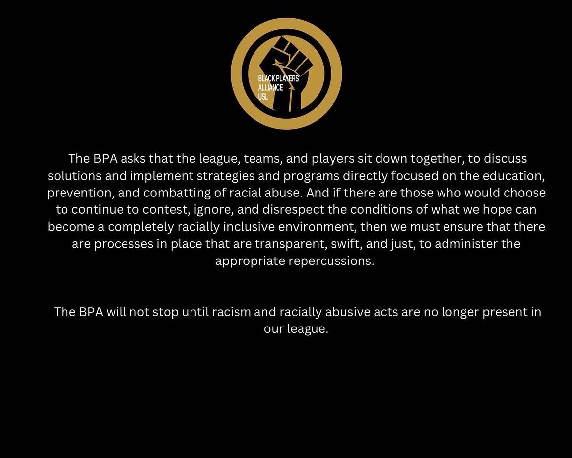 The Black Player’s Alliance Statement on the Monterey Bay F.C. vs. Tampa Bay Rowdies Incident of Racial Abuse.