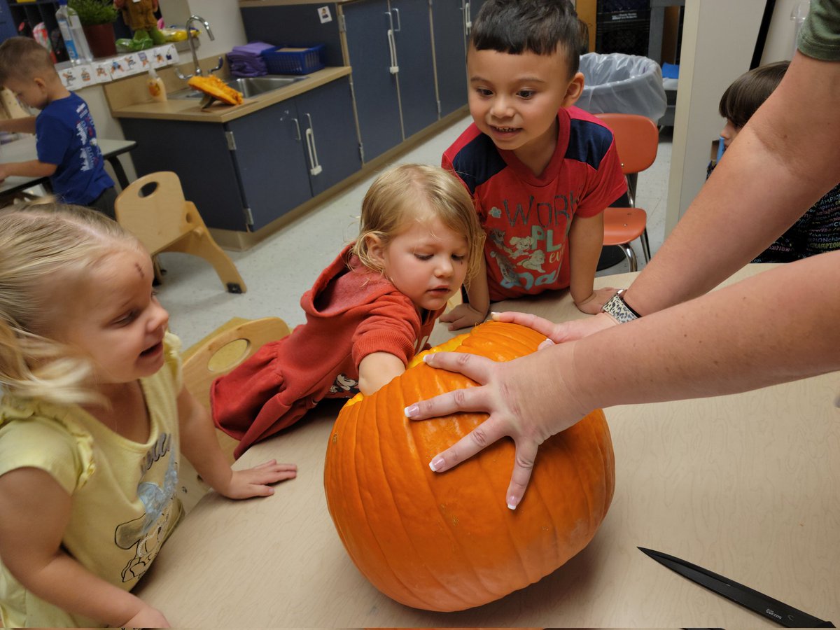 The A.M class cut open one of our big pumpkins today. We also measured the pumpkin with unifex cubes, and thought of different words to describe the pumpkin. It was fun to get hands on experience with what we've been learning about pumpkins over the last two weeks.