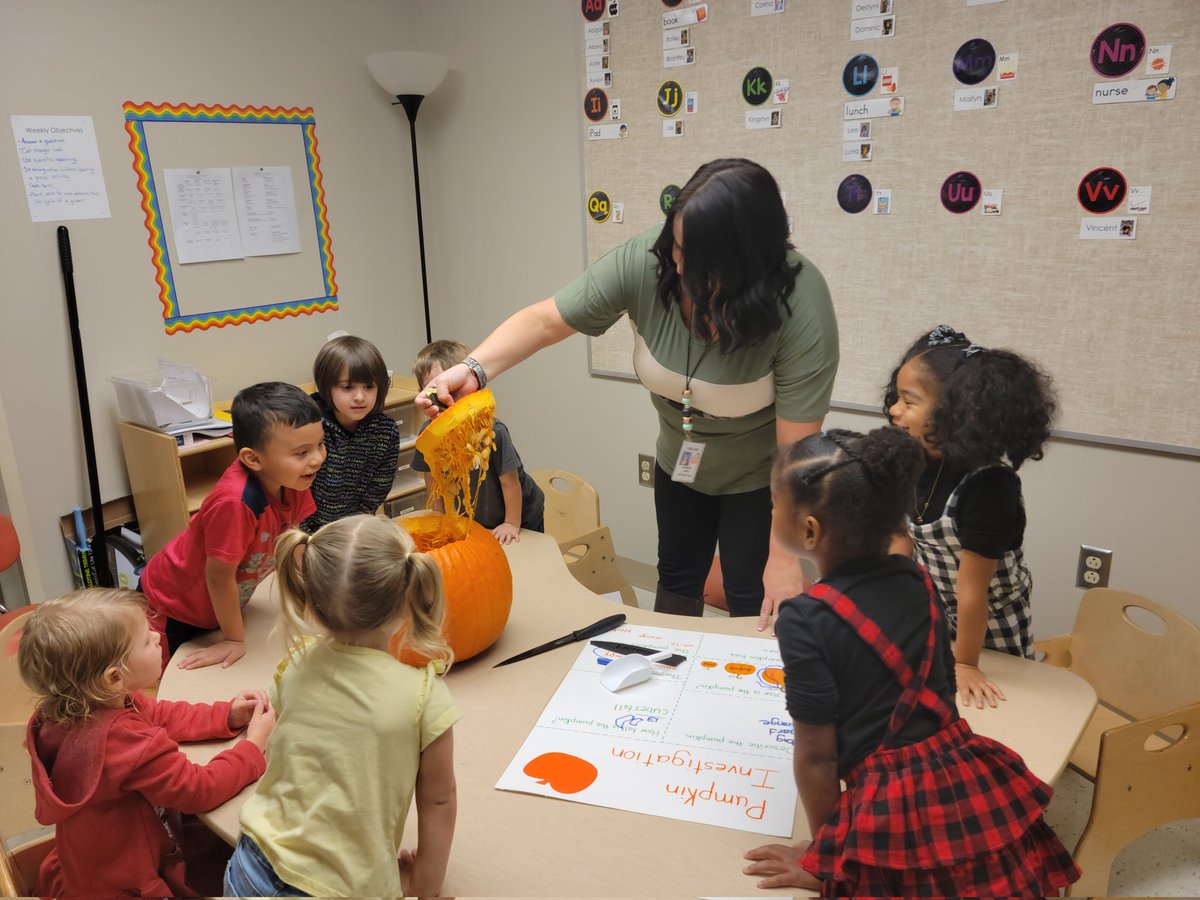 SunsetPreK's tweet photo. The A.M class cut open one of our big pumpkins today. We also measured the pumpkin with unifex cubes, and thought of different words to describe the pumpkin. It was fun to get hands on experience with what we've been learning about pumpkins over the last two weeks. https://t.co/g31nKTYt07