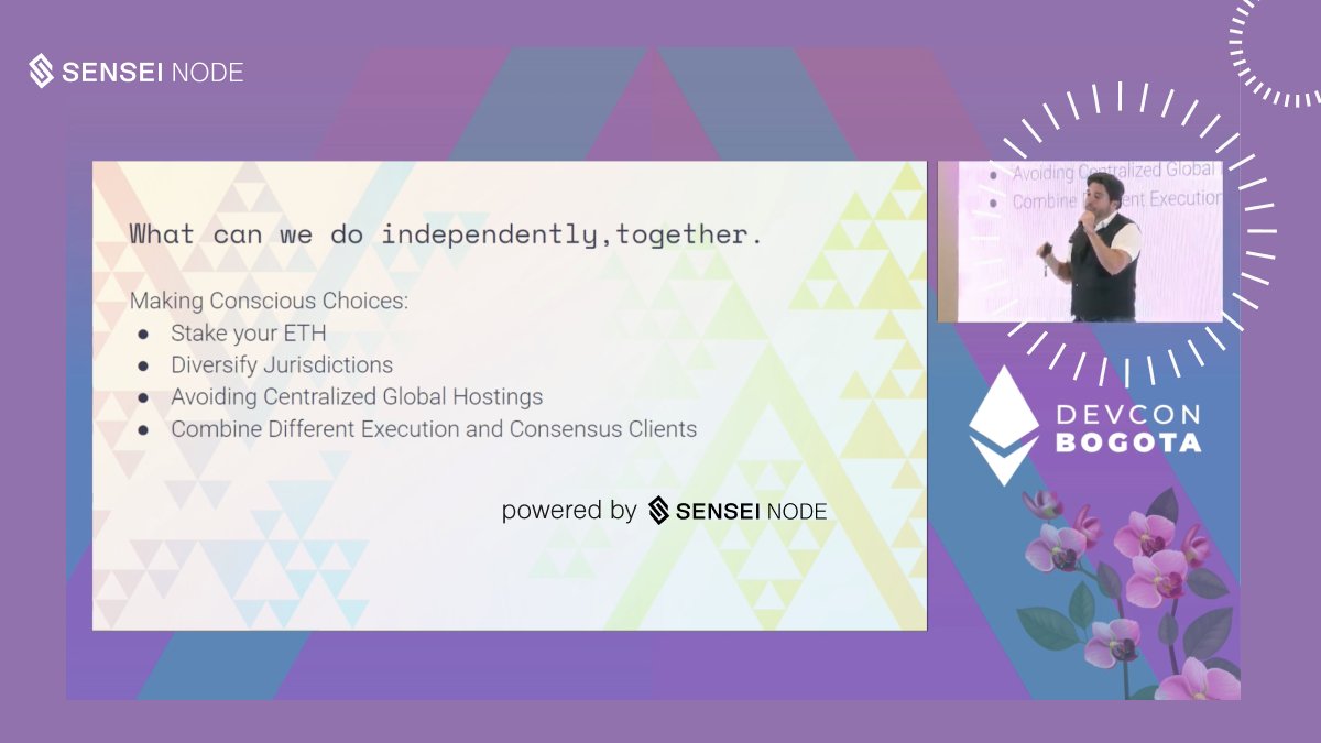 We can make conscious choices now. @pablolarguia at📍@EFDevcon: Client Diversity Matters: Thinking Independently, Together. #Ethereum #NodeDeployment #PoS #DecentralizationMatters
