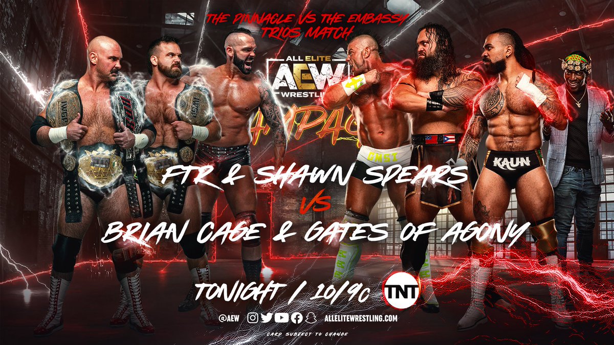 AEW's tweet photo. .@ShawnSpears has RETURNED and #ThePinnacle are BACK! #Perfect10n reunites with @DaxFTR and @CashWheelerFTR to deal with #TheEmbassy’s @briancagegmsi &amp; #GatesOfAgony (@ToaLiona &amp; @thekaun) TONIGHT at #AEWRampage! Watch @tntdrama at 10pm ET/9pm CT! https://t.co/0xUsQW1pt7