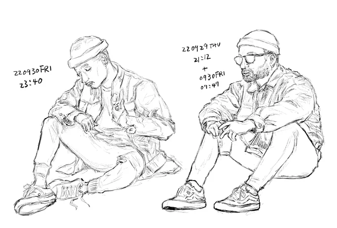 別々の写真の男性を模写したら仲良く座っているようになったもの。 #漫画 #漫画家 