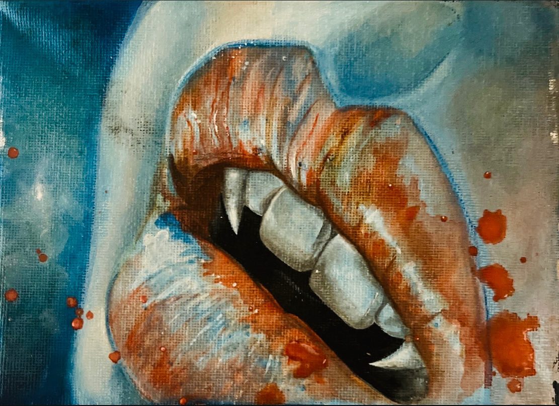 TibbieXGallery's tweet photo. “Fangs a Lot” by tibbie_x acrylic measures 5x7  50$ PayPal/Venmo TibbieSkye X , TibbieSkyeWest@gmail.com #vampire #fangs #gothart #vampireart https://t.co/3WSJVnKI58