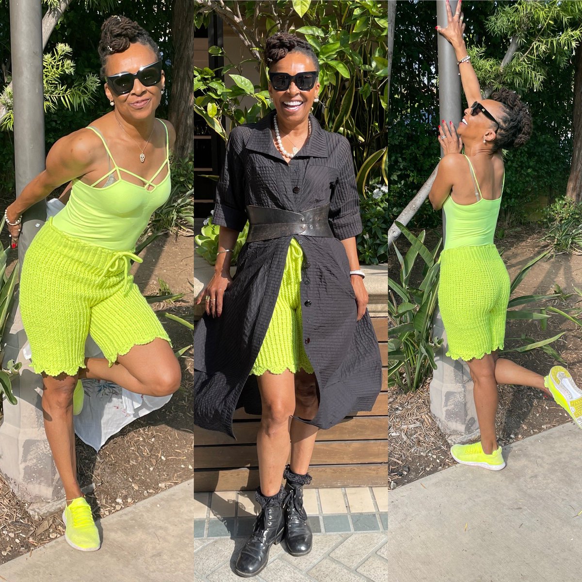 Feels good to be rockin’ my latest hand-crocheted creation, a pair of #bicycle shorts made from @KnitPicks brand highlighter yellow #yarn. I began from a pattern for booty shorts, but lengthened it. So comfy!

#siedahcreations #crocheter #crochet #ootd #fashion #blackcreatives