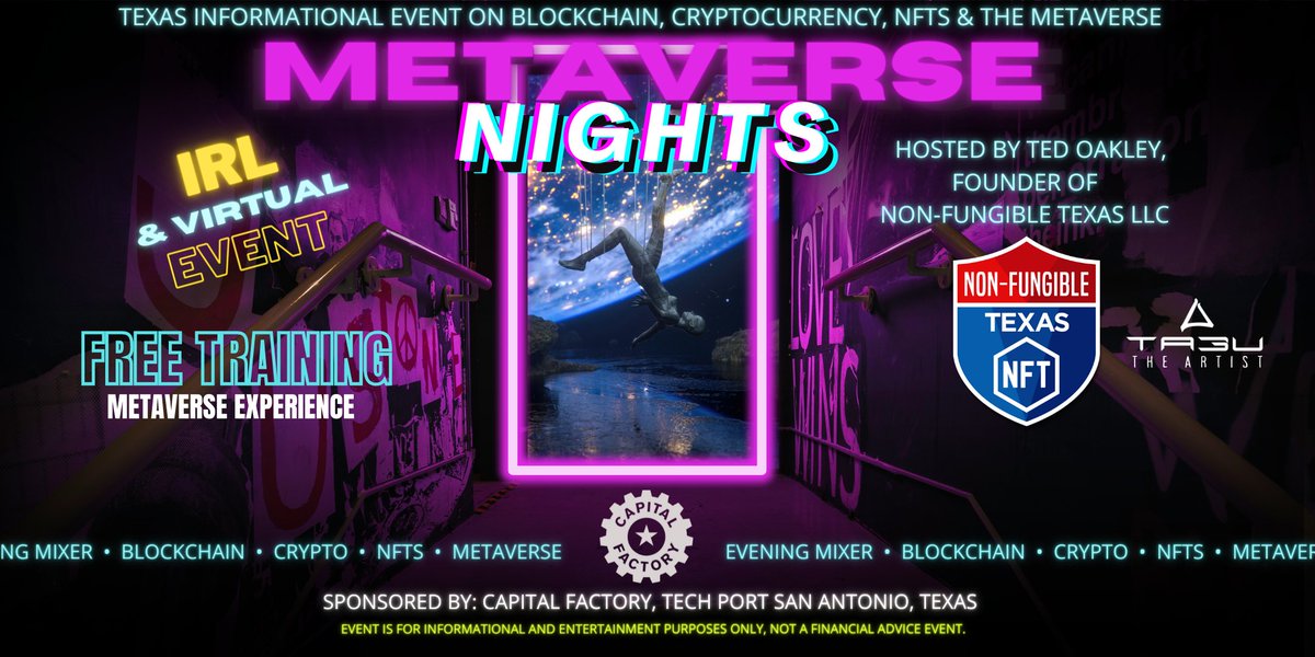 NON-FUNGIBLE TEXAS 🇨🇱 (@nonfungibletx) on Twitter photo Texas! #Web3 basics one block at a time. Ted Oakley, founder of <a href="/NonFungibleTX/">NON-FUNGIBLE TEXAS 🇨🇱</a> holds "Metaverse Nights - Texas" (monthly) sharing innovations in #blockchain #crypto #nfts #metaverse #texas #metaversenightstexas
<a href="/CapitalFactory/">Capital Factory ⚙️</a> located @TechPortCenter
eventbrite.com/e/431538903477 Texas! #Web3 basics one block at a time. Ted Oakley, founder of <a href="/NonFungibleTX/">NON-FUNGIBLE TEXAS 🇨🇱</a> holds "Metaverse Nights - Texas" (monthly) sharing innovations in #blockchain #crypto #nfts #metaverse #texas #metaversenightstexas
<a href="/CapitalFactory/">Capital Factory ⚙️</a> located @TechPortCenter
eventbrite.com/e/431538903477