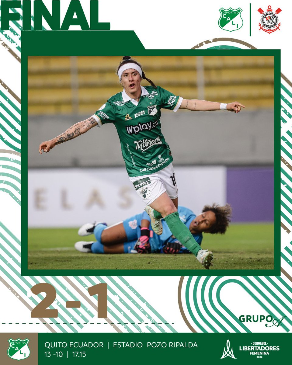 ⏱️ 90+6' ¡¡¡FINAL DEL PARTIDO!!! ¡¡¡GANÓ DEPORTIVO CALI!!!

Histórica victoria de nuestras verdiblancas, mucho corazón, amor, lealtad e integridad en la cancha para superar al vigente campeón de la <a href="/LibertadoresFEM/">CONMEBOL Libertadores Femenina</a>.

Cali 2️⃣-1️⃣ Corinthians

#LibertadoresFEM   
#VamosCali 🇳🇬