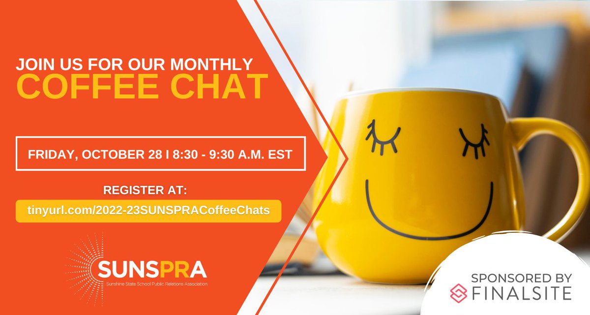 Grab your coffee, tea or whatever gets you moving in the morning and join us for our monthly #SUNSPRA Coffee Chat. Come share what’s happening in your school district with your fellow #SchoolPR colleagues on Friday, Oct. 28 at 8:30 a.m. #NSPRA tinyurl.com/2022-23SUNSPRA…