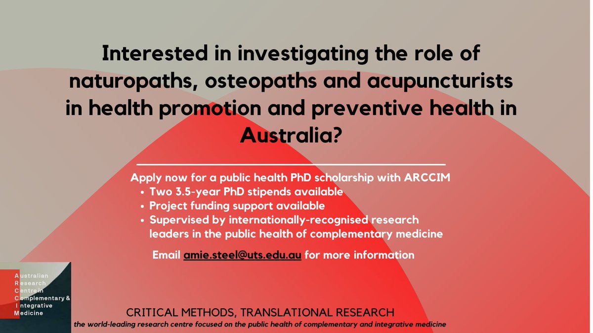 UTSARCCIM's tweet photo. Exciting new opportunity for studying research at ARCCIM! 

Two PhD stipends available to support the study of health promotion, preventive health and primary care in complementary medicine. 

Contact @UTSARCCIM or @naturopathamie for more information https://t.co/0w2bwEJpPr