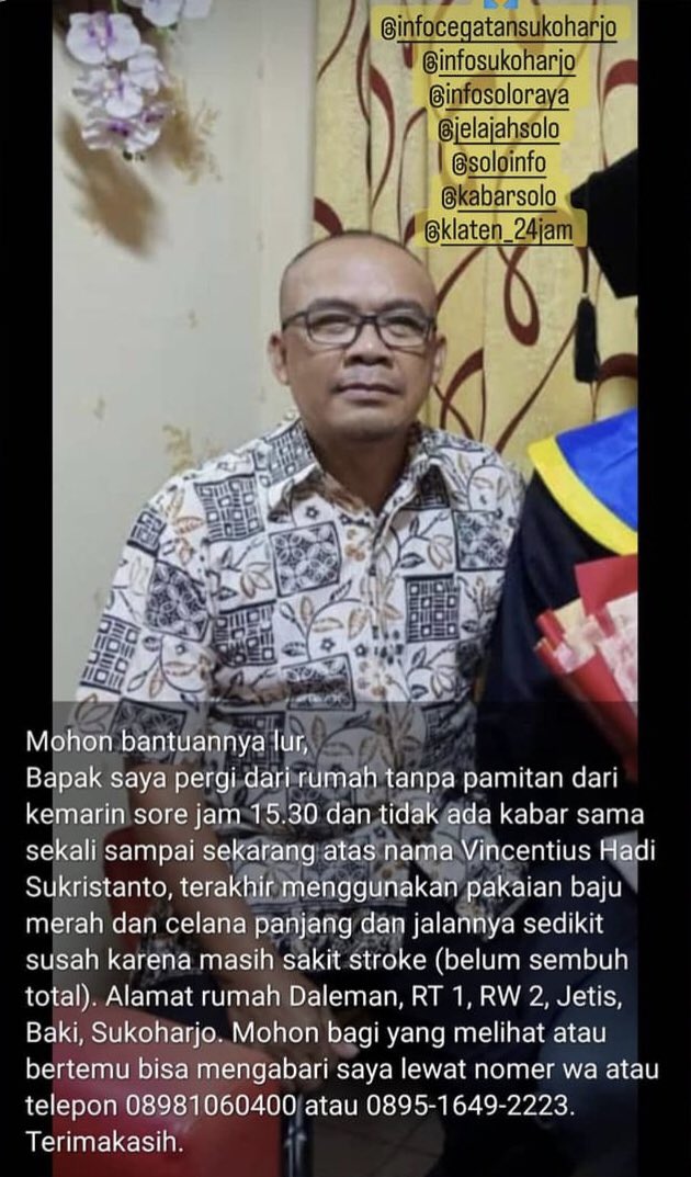Twitter
Let's do our magic
Ayah dari teman saya sejak 2 hari lalu tidak kembali dari rumah.

Mohon bantuannya pak <a href="/ganjarpranowo/">Ganjar Pranowo</a> <a href="/detik_jateng/">Detik Jateng</a> <a href="/DrEvaChaniago/">Eva Sri Diana Chaniago</a> <a href="/msaid_didu/">Muhammad Said Didu</a> <a href="/dr_koko28/">dr. Andi Khomeini Takdir</a> <a href="/kaesangp/">“kak” Kaesang</a> <a href="/sukoharjo_kab/">Pemkab Sukoharjo</a> <a href="/FA_Sukoharjo/">Forum Anak Sukoharjo</a>