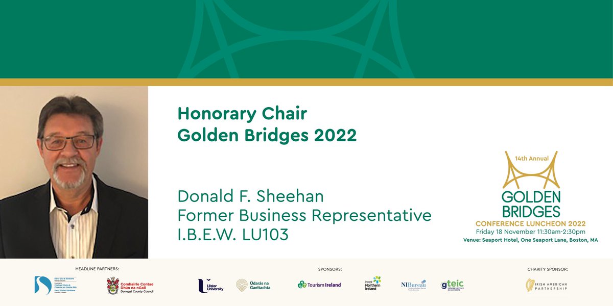 DsheehanF's tweet photo. I’ve been blessed to be a Honorary Chair of this years #GoldenBridges  on November 18th @AislingEvents  @IrishEcho https://t.co/Wx5pGl3vOA