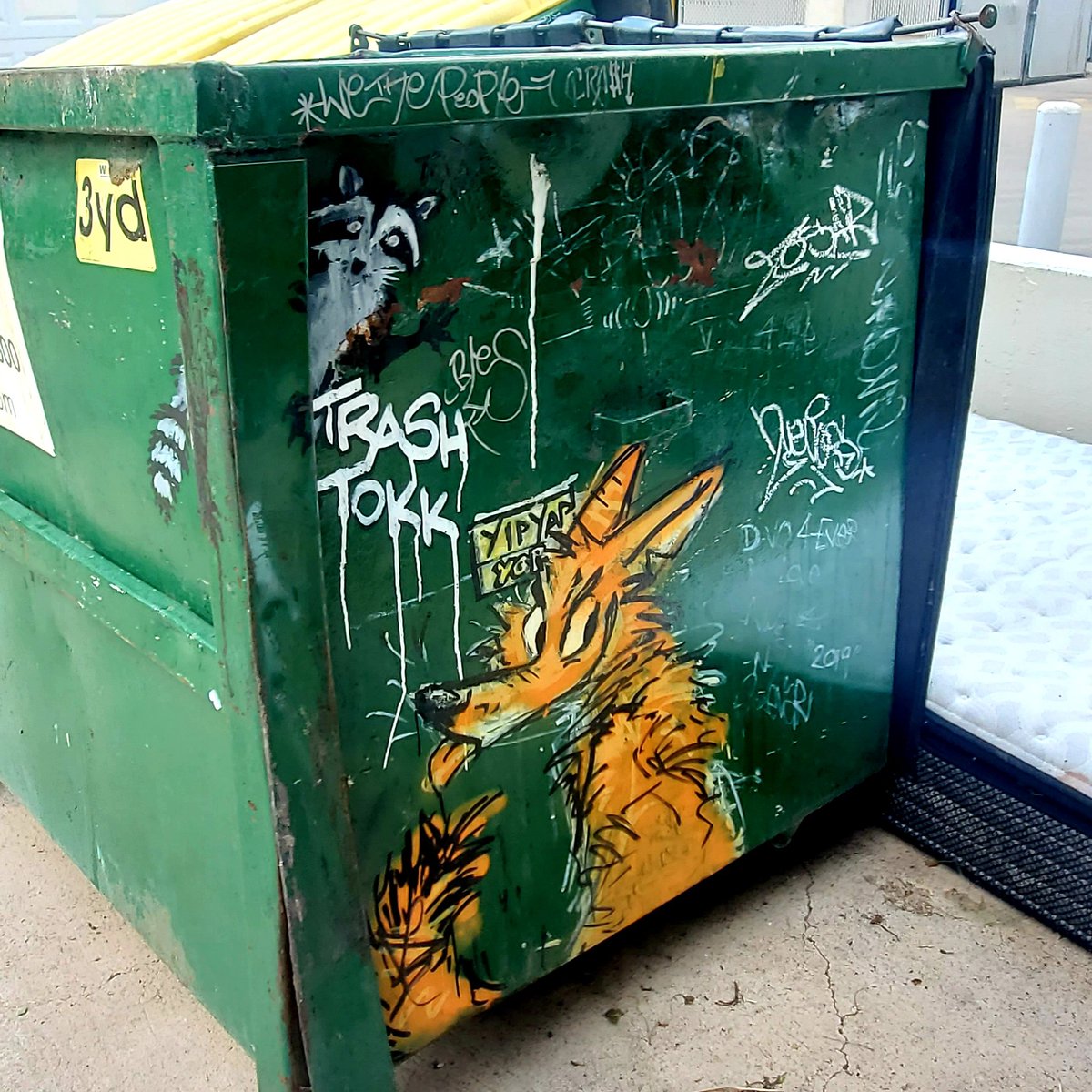 TokkTrash's tweet image. Co-defendants of reckless endangerment of dumpster-faces. 

#ArtCrimes #CLFX #YipYapYop #TrashTokk #raccoon #coyote #tagged #graffiti #streetart