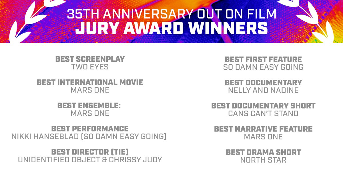 OutonFilm's tweet photo. Congratulations to our 2022 @OutOnFilm Jury Award winners!
Catch these #LGBTQ+ films at other festivals, in theaters, or streaming at home. #OOF22 #OutOnFilm2022 π³οΈβππ¬ https://t.co/ZRE3lTezPR