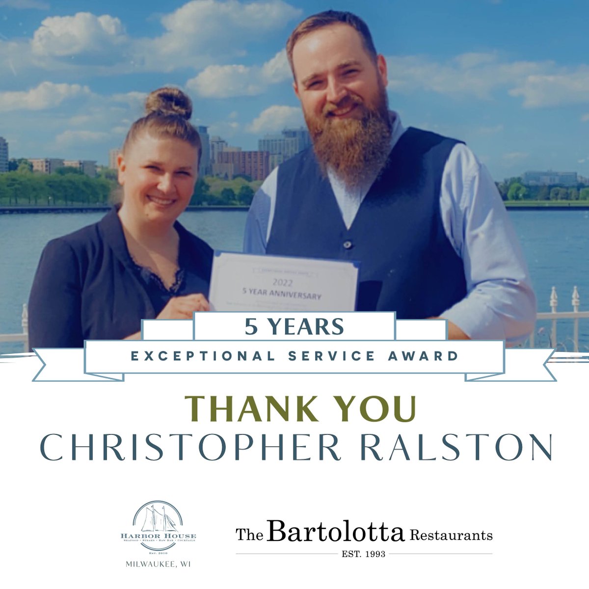 The Bartolotta Restaurants (@bartolottas) on Twitter photo Christopher Ralston, from <a href="/HarborHouseMKE/">Harbor House</a>, pictured right with Restaurant Manager Sara Maciolek, recently celebrated his five year anniversary with us at The Bartolotta Restaurants. Thank you, Christopher, for all your hard work and dedication! Christopher Ralston, from <a href="/HarborHouseMKE/">Harbor House</a>, pictured right with Restaurant Manager Sara Maciolek, recently celebrated his five year anniversary with us at The Bartolotta Restaurants. Thank you, Christopher, for all your hard work and dedication!