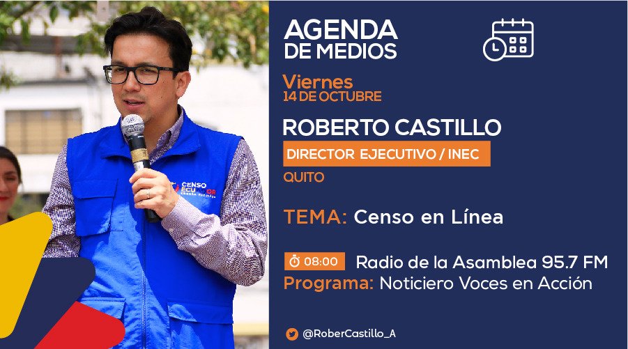 Ecuadorencifras's tweet photo. Acompaña a nuestro director ejecutivo @RoberCastillo_A en @LaRadioAsamblea. Resuelve tus dudas y decídete a participar en el #CensoEnLíneaEc 🖥

🗓 Viernes 14 de octubre
🎙 https://t.co/NLXf8FnbfT  
⏰ 08:00 

¡Cénsate Ahora! 🫵
👉 https://t.co/nag7neTHcJ https://t.co/XRfegVRoXw