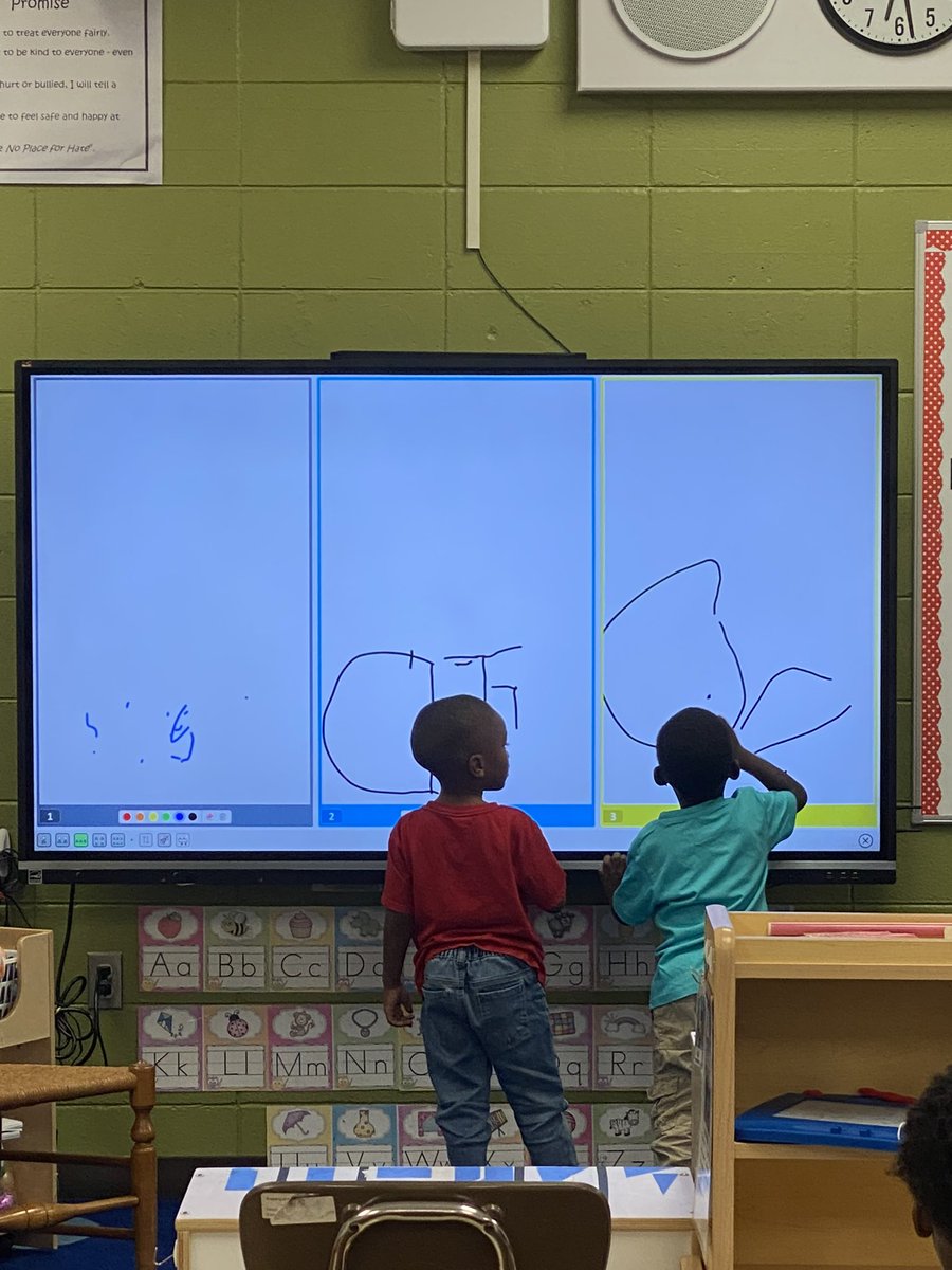 Thank you to our enlightening technology coach, Kelly Sangster!  Tina Rainwater’s PreK can work together at the board.