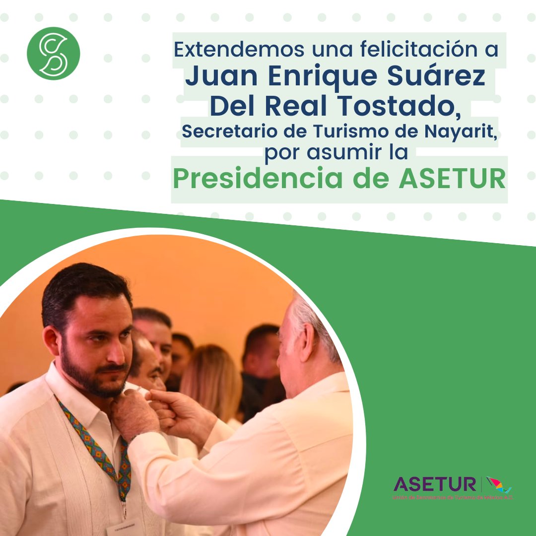 Sustentur's tweet photo. Enviamos una felicitación al Secretario de Turismo de @SecturNayarit, Juan Enrique Suárez Del Real Tostado, quien rindió protesta como Presidente de @asetur_mx.

Reiteramos nuestro compromiso para seguir impulsando la agenda de sustentabilidad en turismo desde @Sustentur https://t.co/F9bRJVHIRR