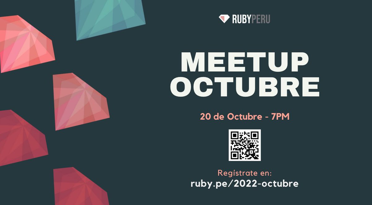 Los esperamos este 20 de Octubre a las 7:00 pm para un nuevo meetup!! No te lo pierdas 😄😄
Para asistir regístrate aquí: ruby.pe/2022-octubre