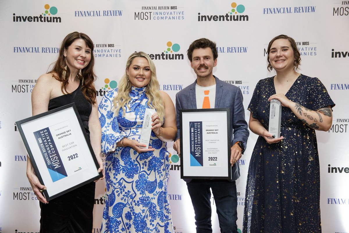 Last night Orange Sky was awarded Best CSR Innovation Award and the Most Innovative Government, Education &amp; Not-for-profit Company by the
<a href="/FinancialReview/">Financial Review</a>. Innovation is part of our DNA, and we're incredibly proud to be recognised as a leader in this space. #afrmostinnovative2022