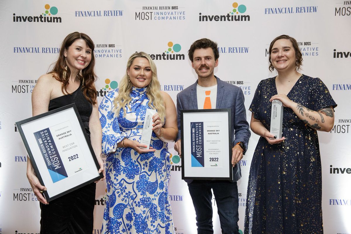 Last night Orange Sky was awarded Best CSR Innovation Award and the Most Innovative Government, Education & Not-for-profit Company by the @FinancialReview. Innovation is part of our DNA, and we're incredibly proud to be recognised as a leader in this space. #afrmostinnovative2022