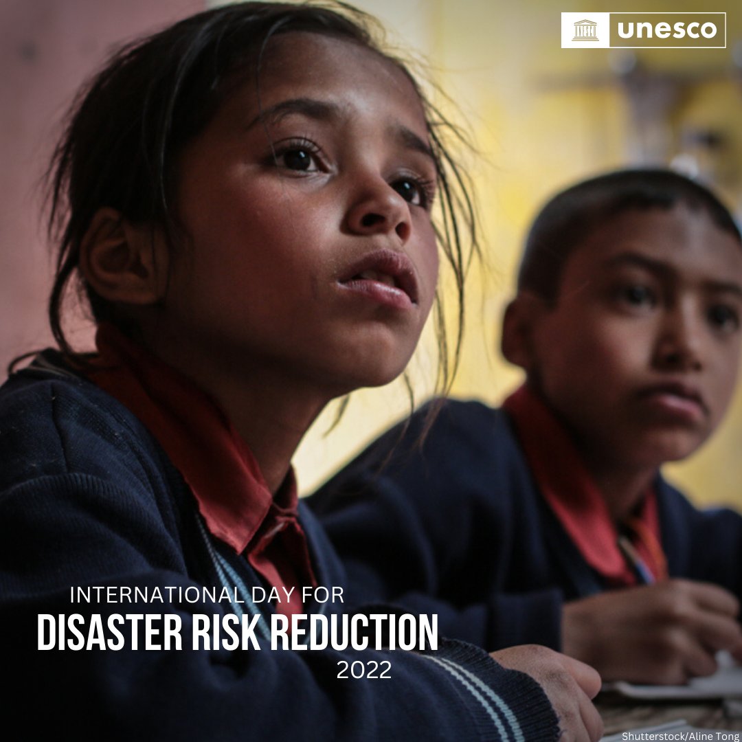 UNESCO's tweet photo. Each year 175 M children are likely to be affected by natural hazard-related disasters & often lose out on their education.
⚡️Safe School Facilities
⚡️School Disaster Management
⚡️Risk Reduction Education
...are vital to keeping everyone safe: https://t.co/fXKR0FKJVW #IDRRDay https://t.co/fsDbOGtAiB
